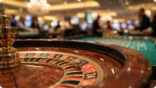 Gros plan d'une roulette de casino en bois élégante avec la bille posée sur une case numérotée.