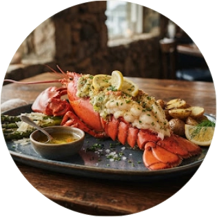 Homard cuit et garni, servi sur une assiette avec des pommes de terre rôties, du citron et une sauce au beurre.