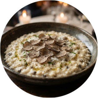 Un bol de risotto crémeux généreusement recouvert de lamelles de truffe noire fraîchement râpées.