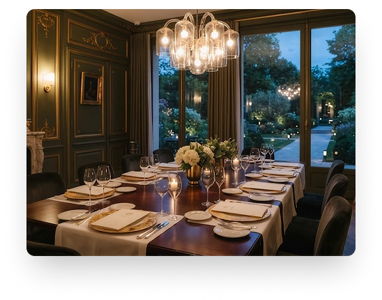 La spacieuse table de salle à manger est élégamment dressée avec une vaisselle raffinée et des verres à vin, le tout éclairé par un élégant lustre en verre suspendu au-dessus.
