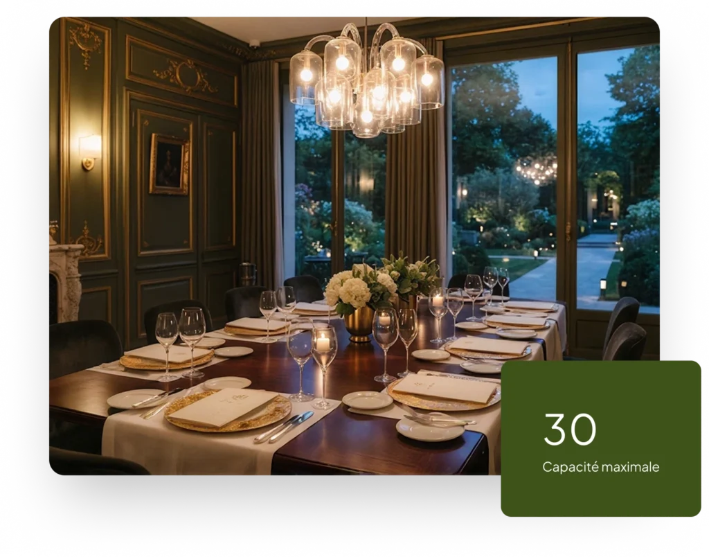 Une grande table à manger élégamment dressée avec des verres à vin, de la vaisselle raffinée et un lustre moderne en verre au-dessus.