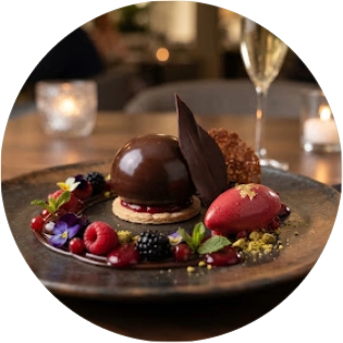 Dessert gastronomique composé d'une sphère au chocolat, sorbet aux fruits rouges, baies fraîches et fleurs comestibles.