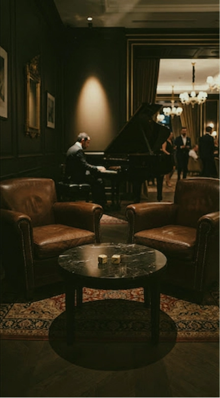 Un salon de luxe chaleureux avec deux fauteuils en cuir, une table basse en marbre et un pianiste jouant du piano à queue à l'arrière-plan.