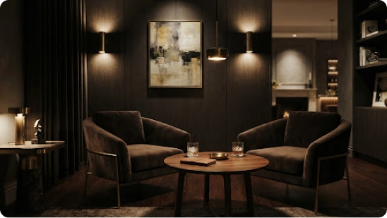 Un salon VIP raffiné avec des fauteuils rembourrés confortables, un éclairage ambiant chaleureux et une atmosphère élégante conçue pour des conversations privées, la détente et une hospitalité de premier choix.