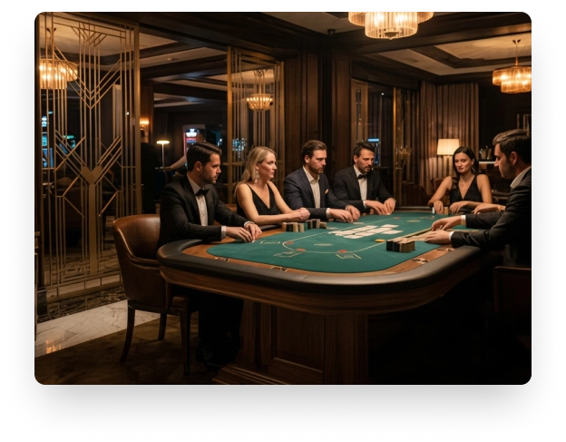 Un groupe d'hommes et de femmes élégamment vêtus jouant au poker autour d'une table verte dans un casino haut de gamme.